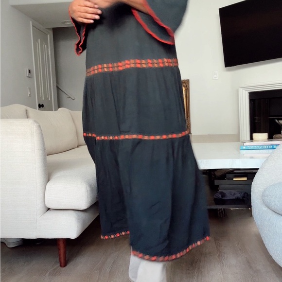 DOEN Embroidered Floral Black Cotton Gauze V-Neck Maxi Dress Large - Picture 4 of 4